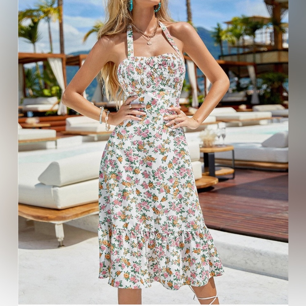 Boho Floral Print Ruffle Hem Halter Dress* - Picture 2 of 10